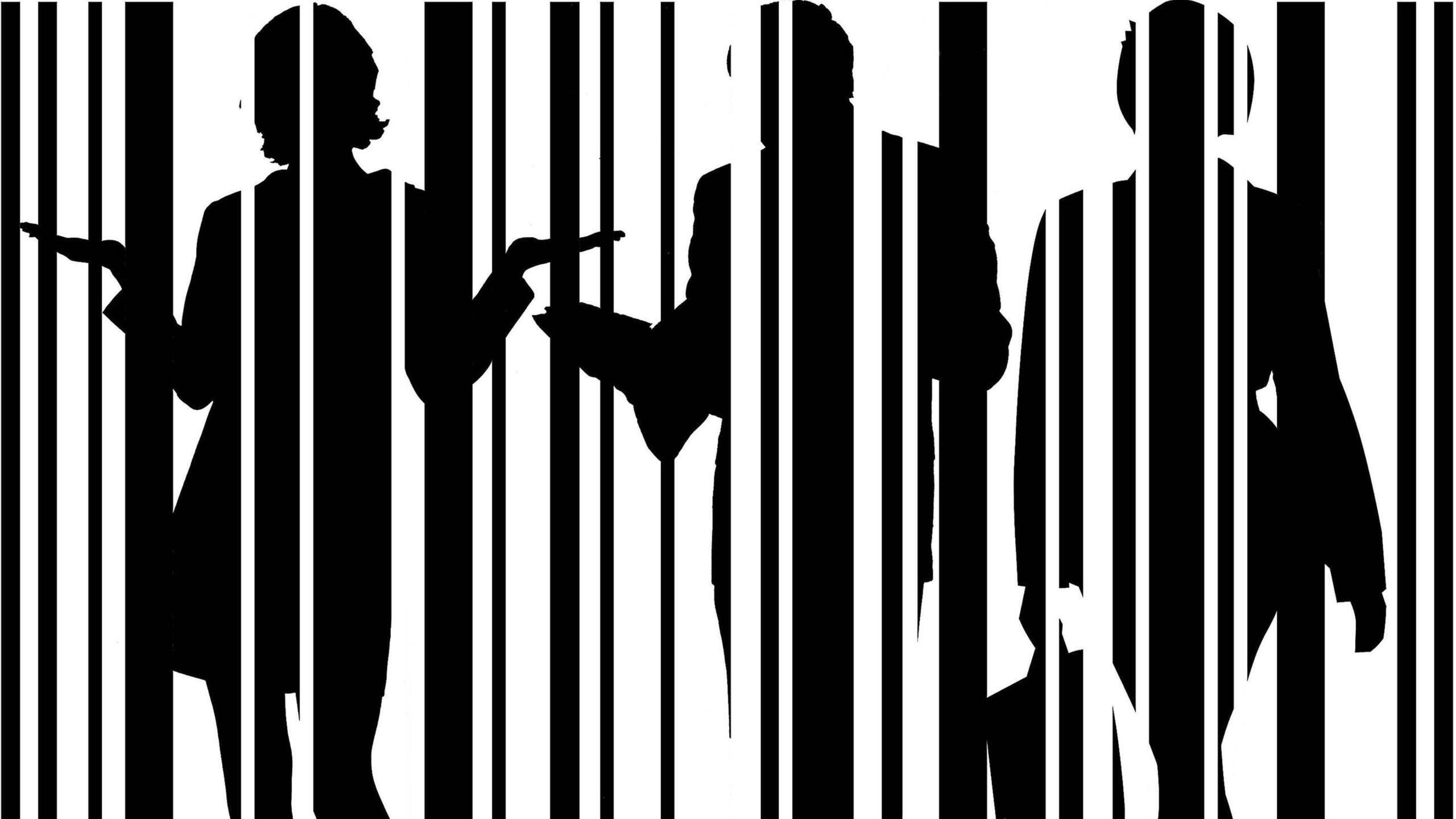 Menschen stehen hinter einem Strichcode.