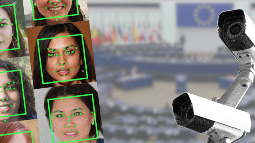 Gesichter von Personen, biometrische Merkmale sind mit grünen Punkten hervorgehoben; das EU-Parlament; Überwachungskameras
