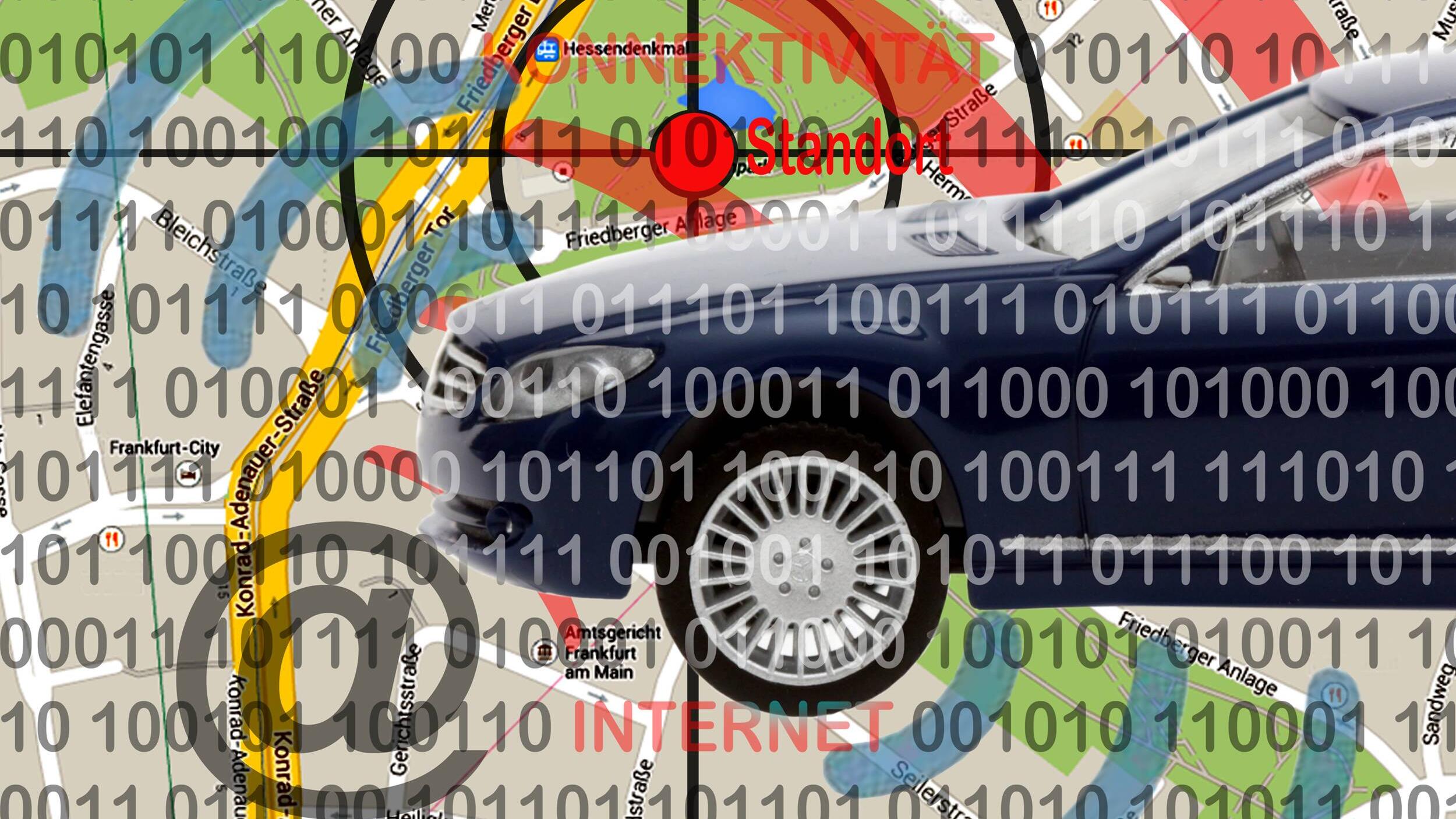 Ein Auto, Fadenkreuz, ein @-Zeichen, viele Einsen und Nullen.