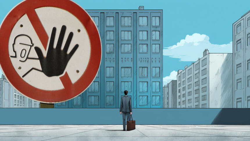 Zeichnung eines angestellten vor einem Büro-Gebäude. Ein großes Betreten-Verboten-Schild.
