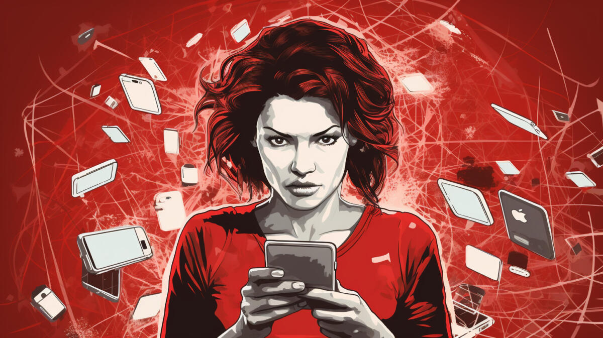 Zeichnung einer Frau mit einem Smartphone in der Hand. Sie schaut wütend und schaut den Betrachter an. Um sie herum fliegen Smatphones. Der Hintergrund, das Shirt der Frau und ihre Haare sind rot.