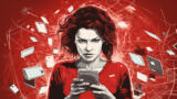 Zeichnung einer Frau mit einem Smartphone in der Hand. Sie schaut wütend und schaut den Betrachter an. Um sie herum fliegen Smatphones. Der Hintergrund, das Shirt der Frau und ihre Haare sind rot.