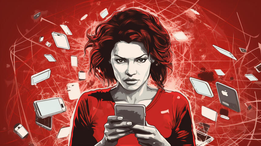 Zeichnung einer Frau mit einem Smartphone in der Hand. Sie schaut wütend und schaut den Betrachter an. Um sie herum fliegen Smatphones. Der Hintergrund, das Shirt der Frau und ihre Haare sind rot.