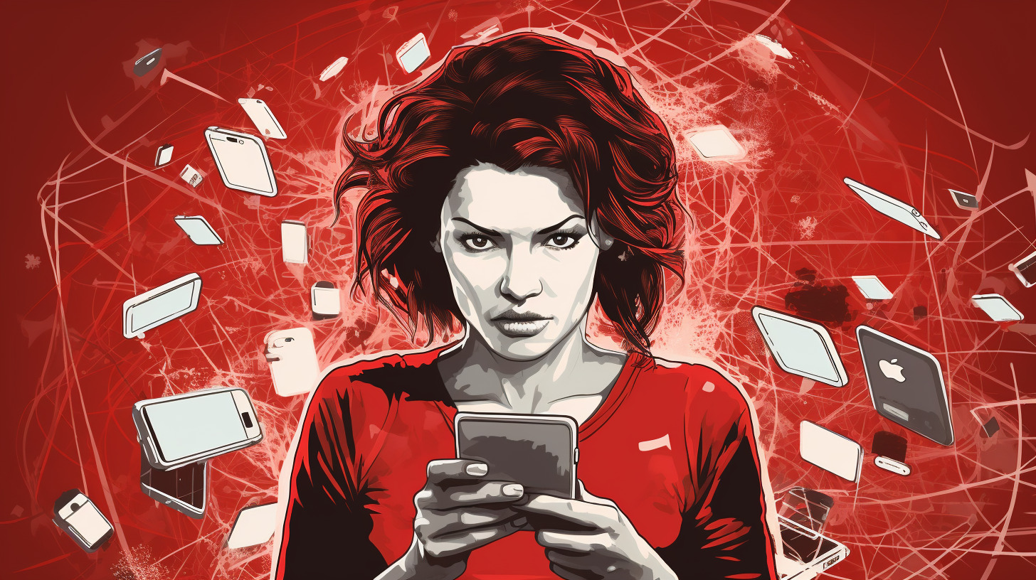 Zeichnung einer Frau mit einem Smartphone in der Hand. Sie schaut wütend und schaut den Betrachter an. Um sie herum fliegen Smatphones. Der Hintergrund, das Shirt der Frau und ihre Haare sind rot.