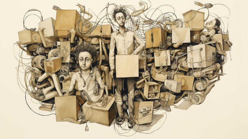 Eine surreale Zeichnung, ein chaotischer Haufen aus Schachteln, Boxen und Figuren