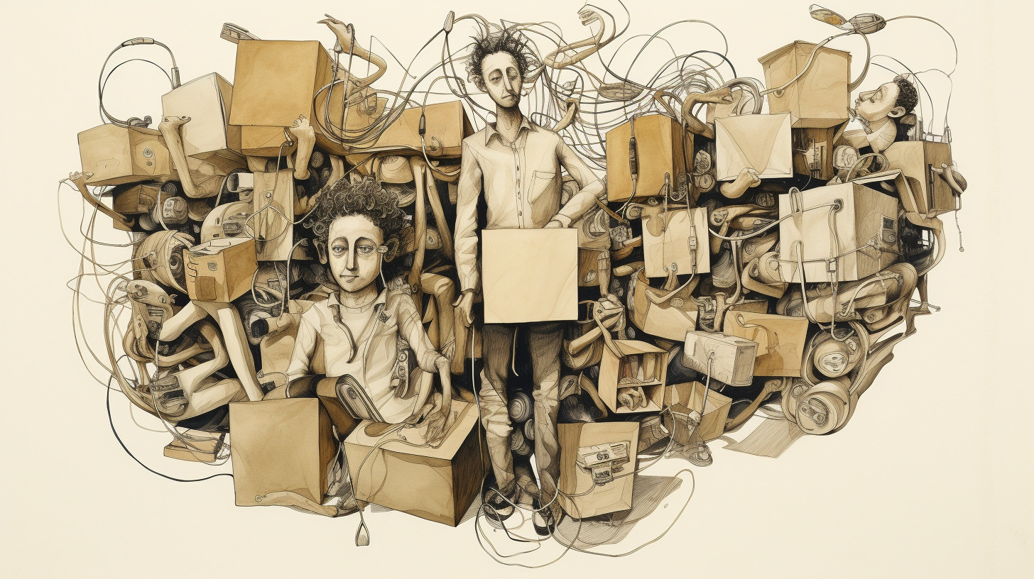 Eine surreale Zeichnung, ein chaotischer Haufen aus Schachteln, Boxen und Figuren