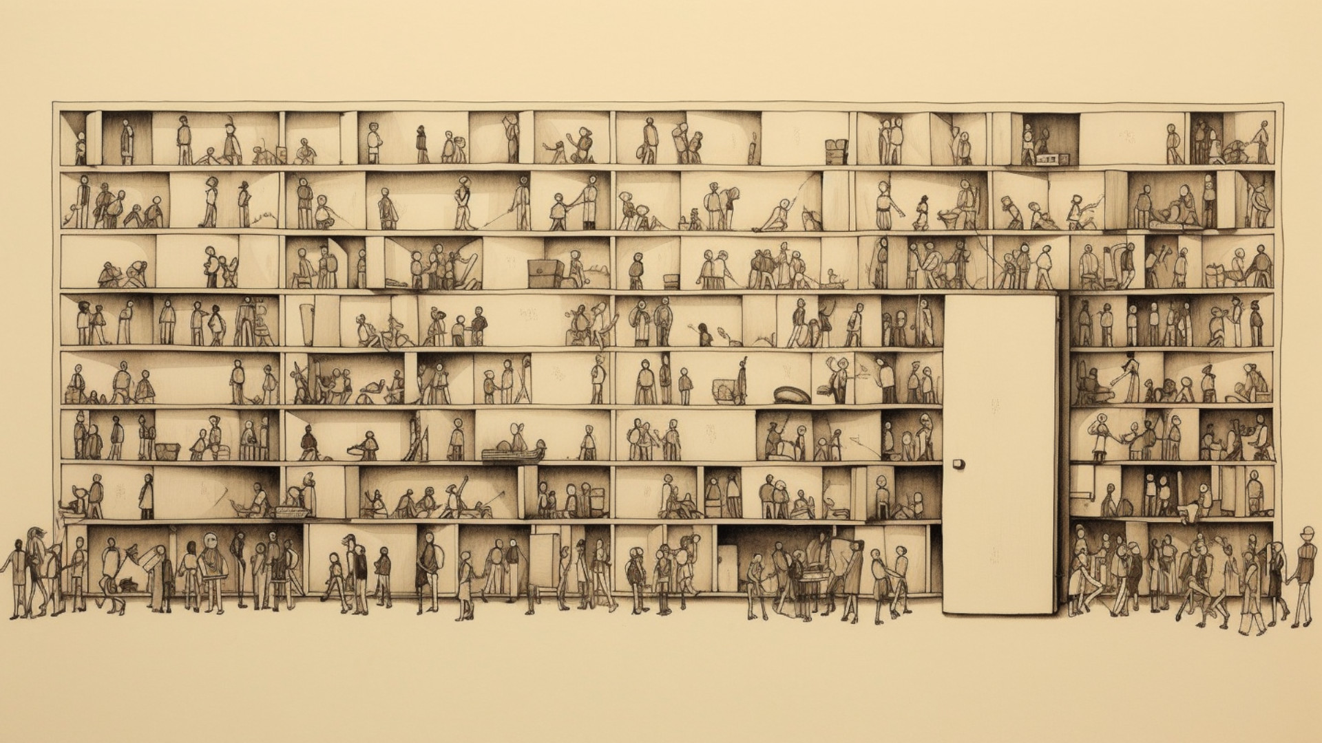 Zeichnung von Midjourney. Man sieht im Querschnitt eine Art Schrank mit vielen Fächern, in denen sich Menschen tummeln.