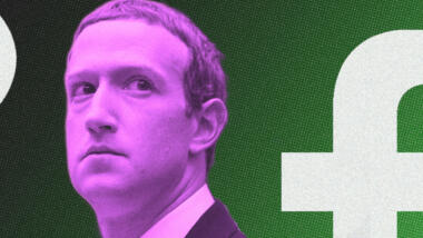 Porträt von Meta-Chef Mark Zuckerberg; ein Facebook-"f"