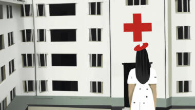 Person mit langen Haaren und Kleid vor einem Gebäude mit einem roten Kreuz drauf, Illsutration