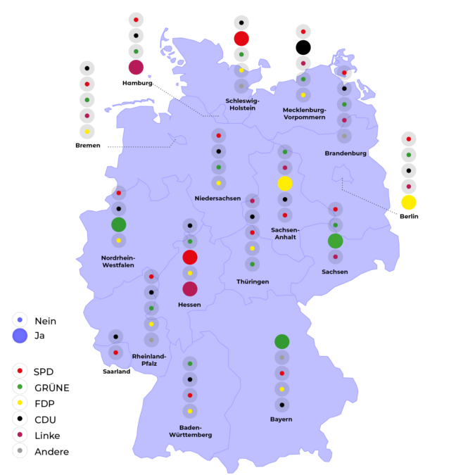 Eine Deutschlandkarte, die zeigt, welche Landtagsfraktionen Fotos unter Freier Lizenz veröffentlichen.