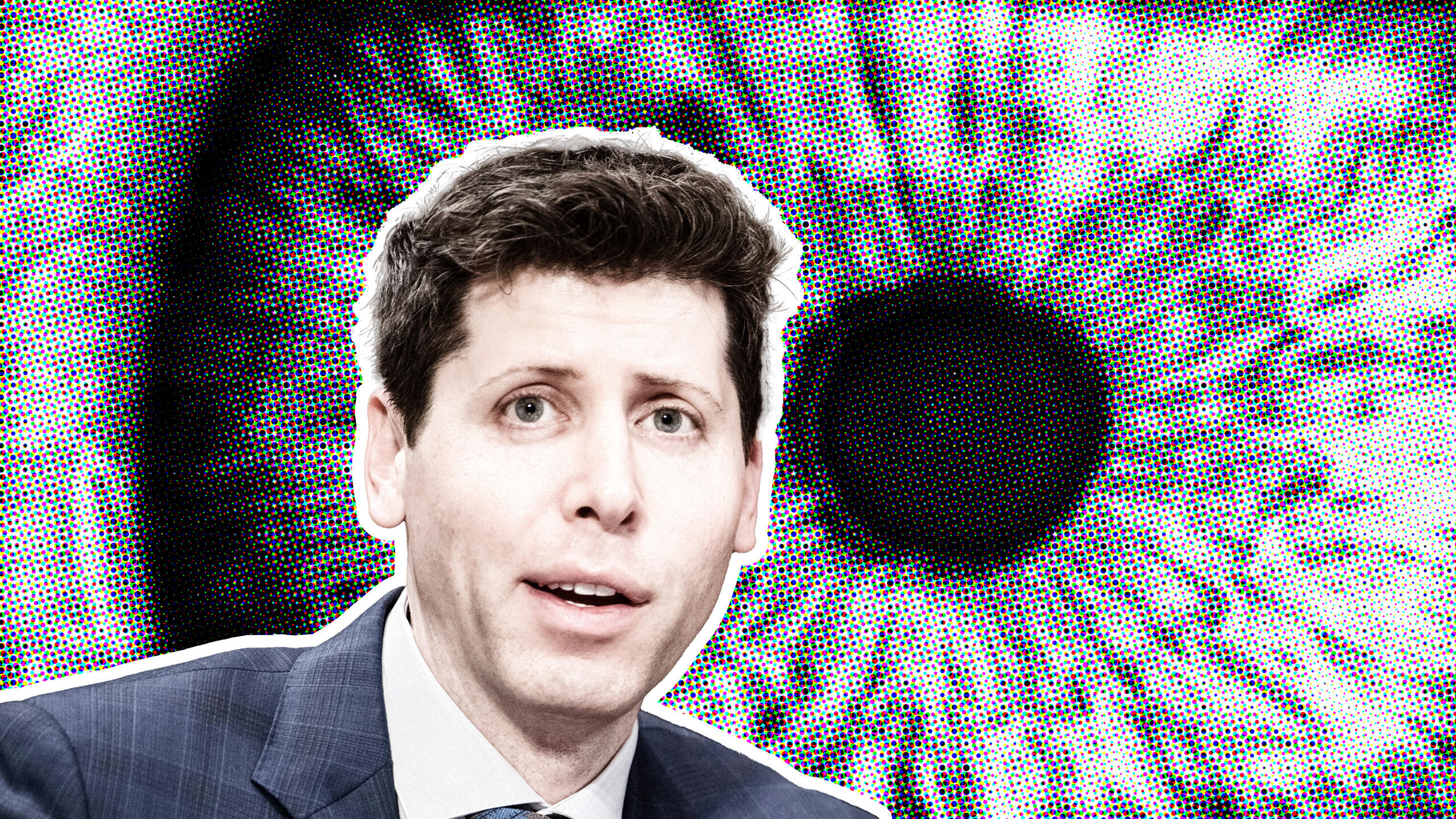 OpenAI-Gründer Sam Altman, im Hintergrund die Iris eines menschlichen Auges