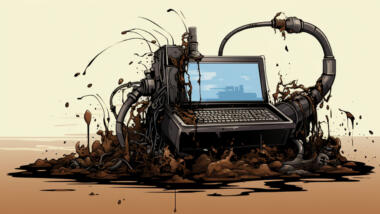 Illustration einer Maschine mit Tastatur und Bildschirm. Durch ein Rohr spuckt sie Matsch und Dreck aus.