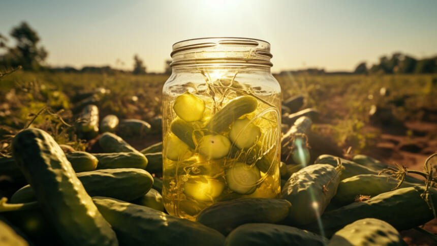 Ein Glas saure Gurken auf einer trockenen Wiese im Sonnenschein