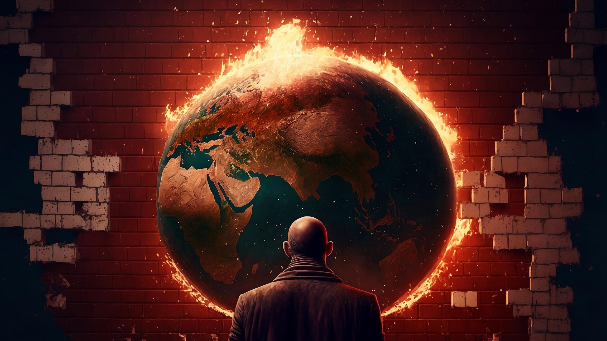 Mann schaut auf brennenden Planeten