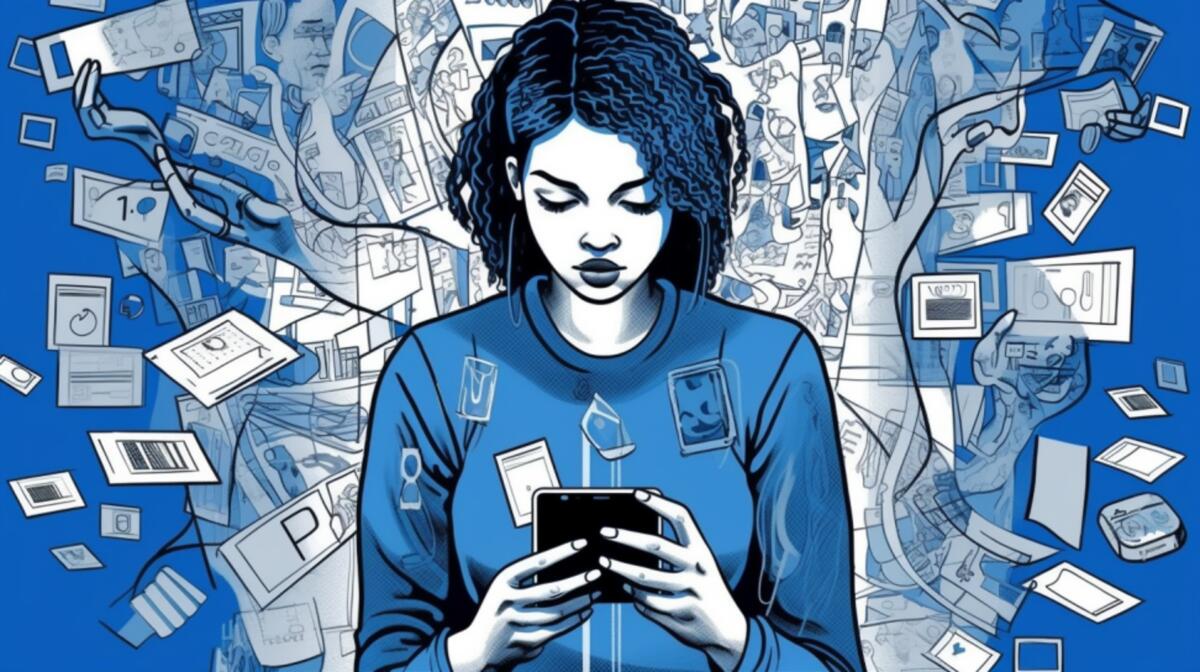 Computergenerated image of a young woman typing into a smartpohne, surrounded by data and screens