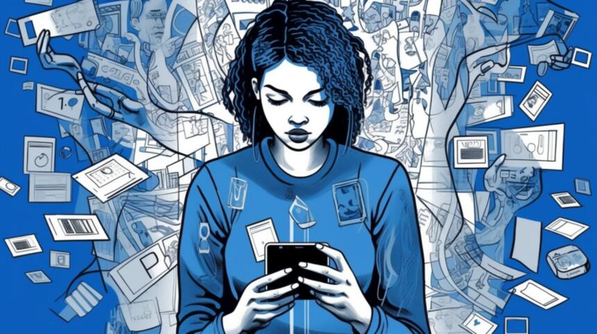 Computergenerated image of a young woman typing into a smartpohne, surrounded by data and screens