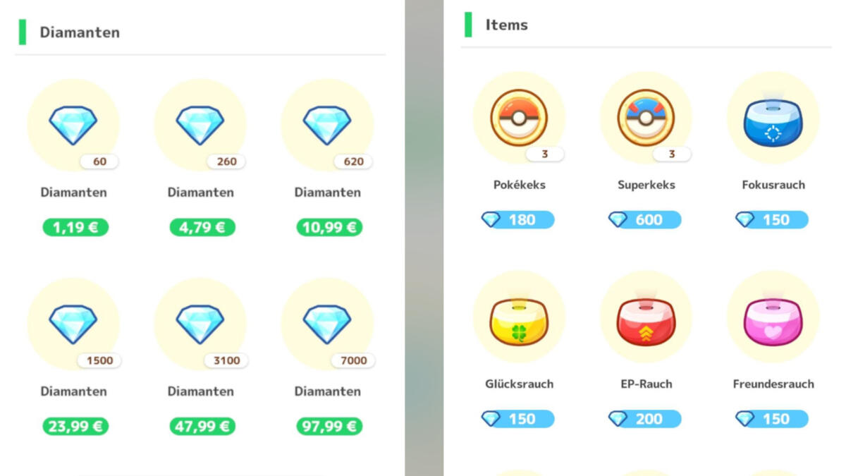 Screenshots aus Pokémon Sleep zeigen, wie viele virtuelle Diamanten man für wie viele Euro erhält, und wie man wiederum diese Diamanten in virtuelle Gegenstände umtauschen kann