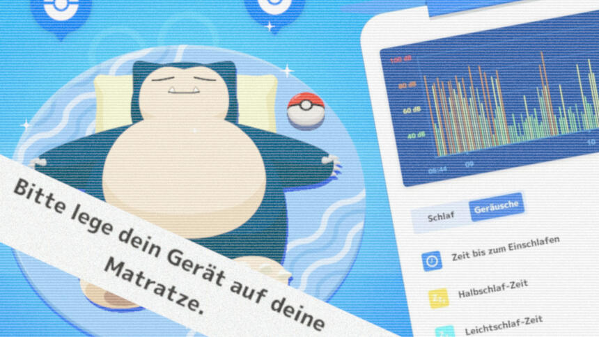 Screenshots des Spiels Pokémon Sleep. Einer zeigt ein schlafendes Relaxo. Einer den Schriftzug "Bitte lege dein Gerät auf deine Matratze". Ein dritter zeigt ein Diagramm, das die Lautstärke einer Audio-Aufzeichnung im Zeitverlauf darstellt.