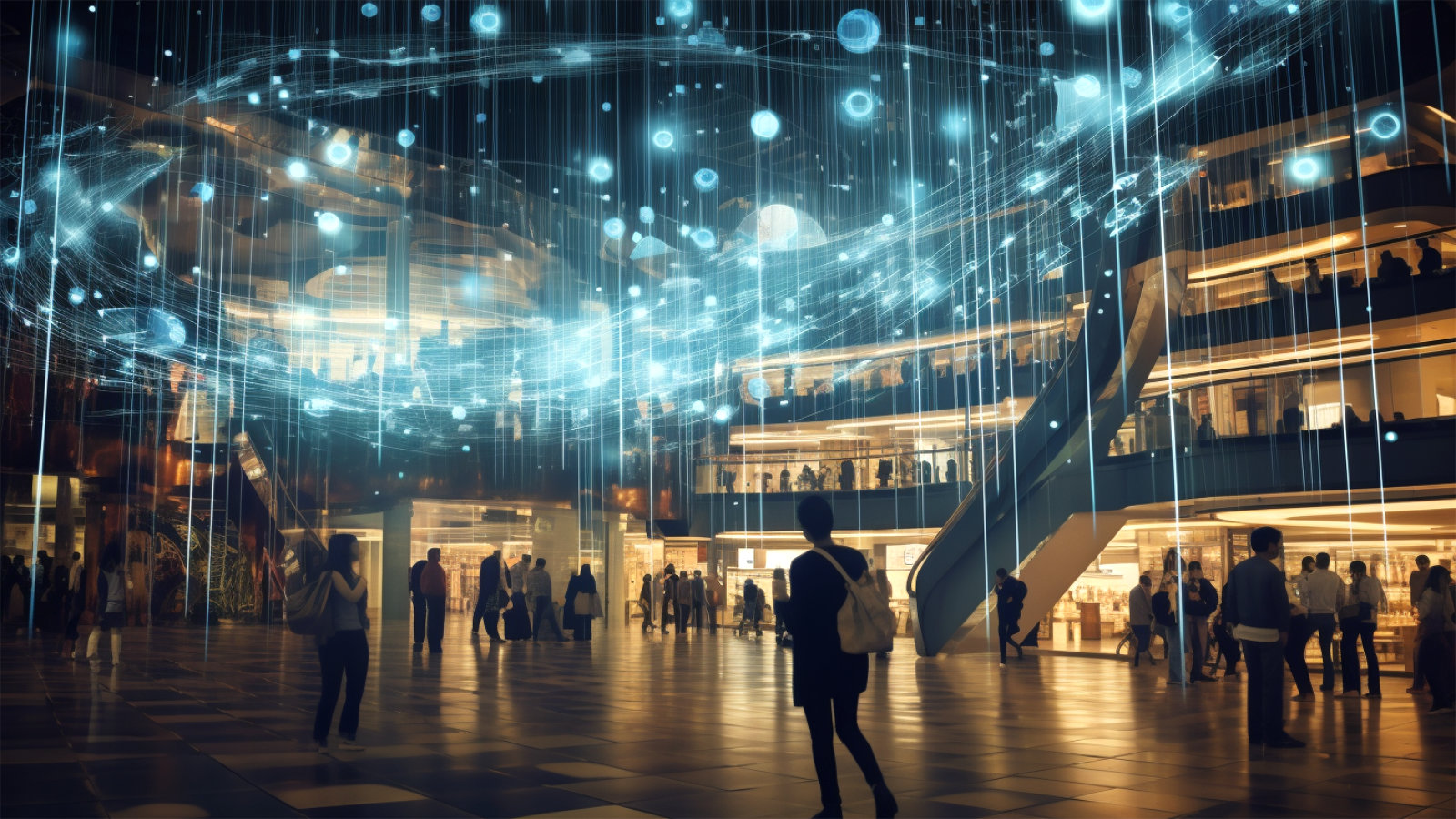 Eine Shopping-Mall gefüllt mit Kund:innen und Datenströmen