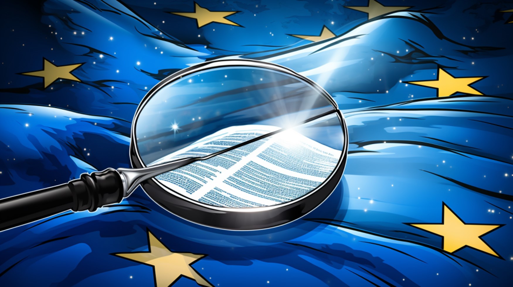 Zeichnung einer welligen EU-Flagge auf der ein Dokument unter einer Lupe liegt