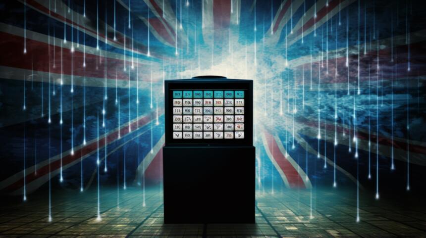 Ain schwarzer Kasten mit unterschiedlichen Symbolen zur Auswahl, im Hintergrund die britische Flagge