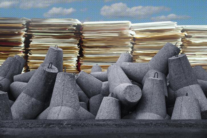 Symbolbild, Kollage - Im Vordergrund sind Wellenbrecher aus Beton aufgetürmt, dahinter ragen Aktenstapel in die Höhe, vor einem blauen Himmel mit ein paar Wolken