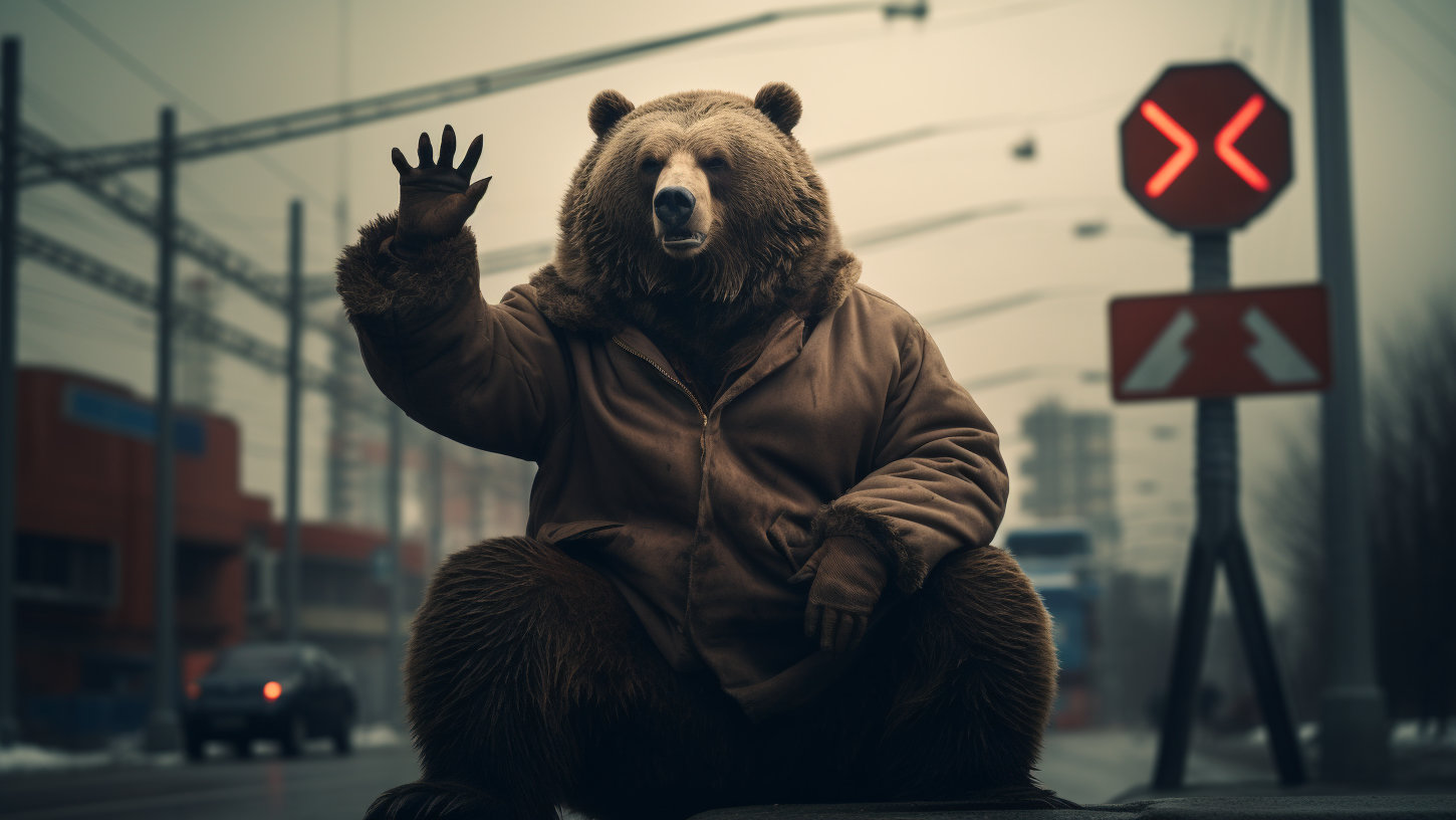 Ein Bär sitzt auf der Straße und hebt eine Tatze