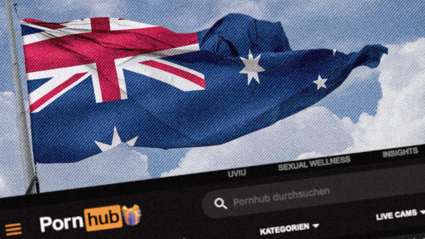 Eine Australien-Flagge, die Suchleiste der Website Pornhub