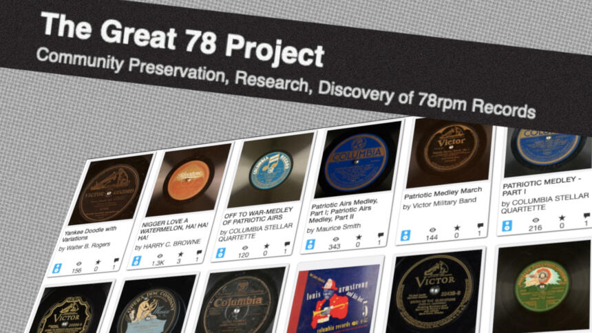 Screenshot des Projekts "TheGreat78", er zeigt vom Internet Archive archivierte Schallplatten