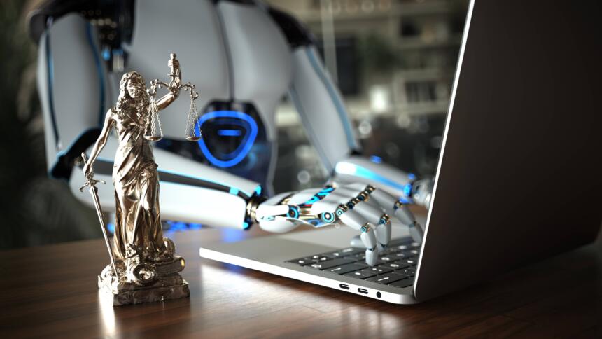 Roboter sitzt am Computer, davor eine Justizia