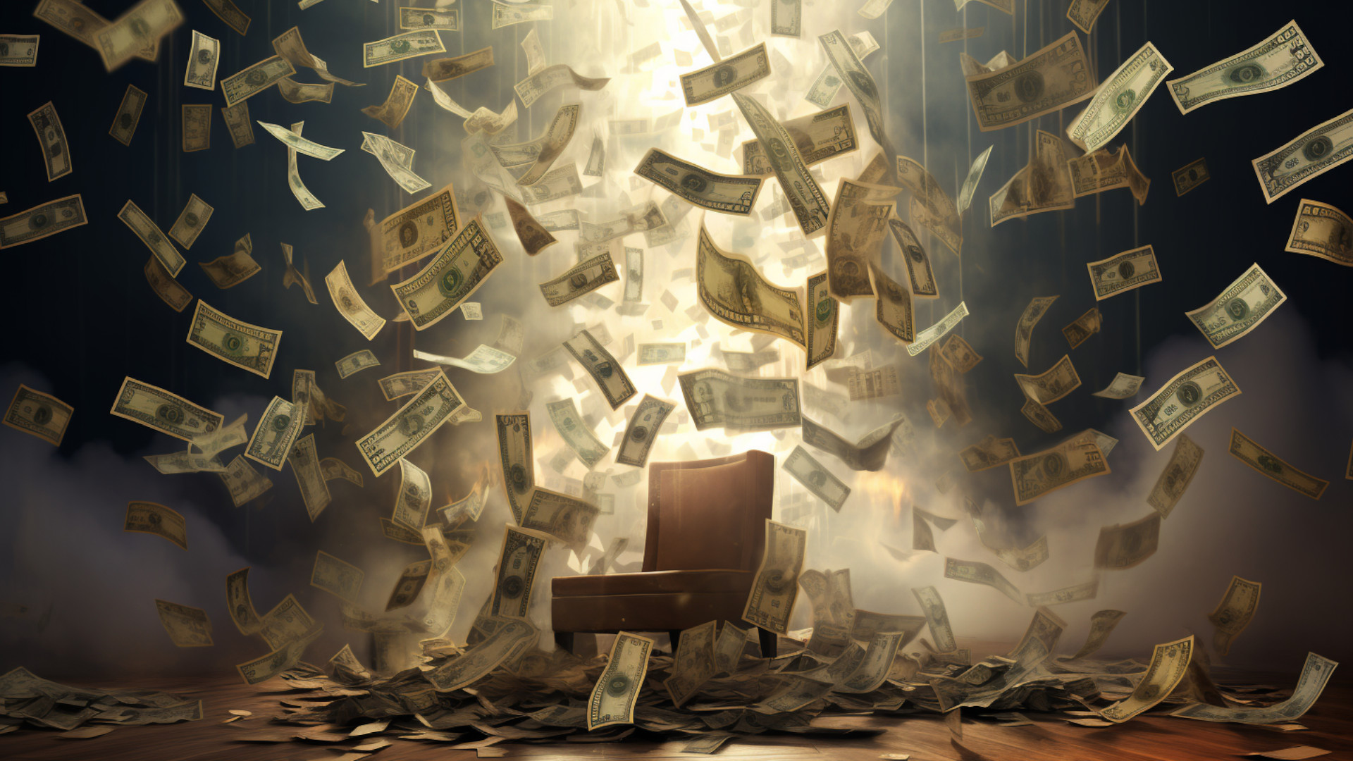 Eine Wolke aus US-Dollar-Noten fällt herab, in der Mitte ein Stuhl, der mich an den Stuhl für Zeug*innen bei Gerichtsprozessen in den USA erinnert