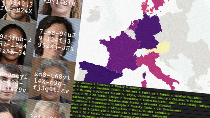 Faces of people with IDs on their faces. An EU map with countries highlighted in color. Screenshot of a table showing advertising segments.