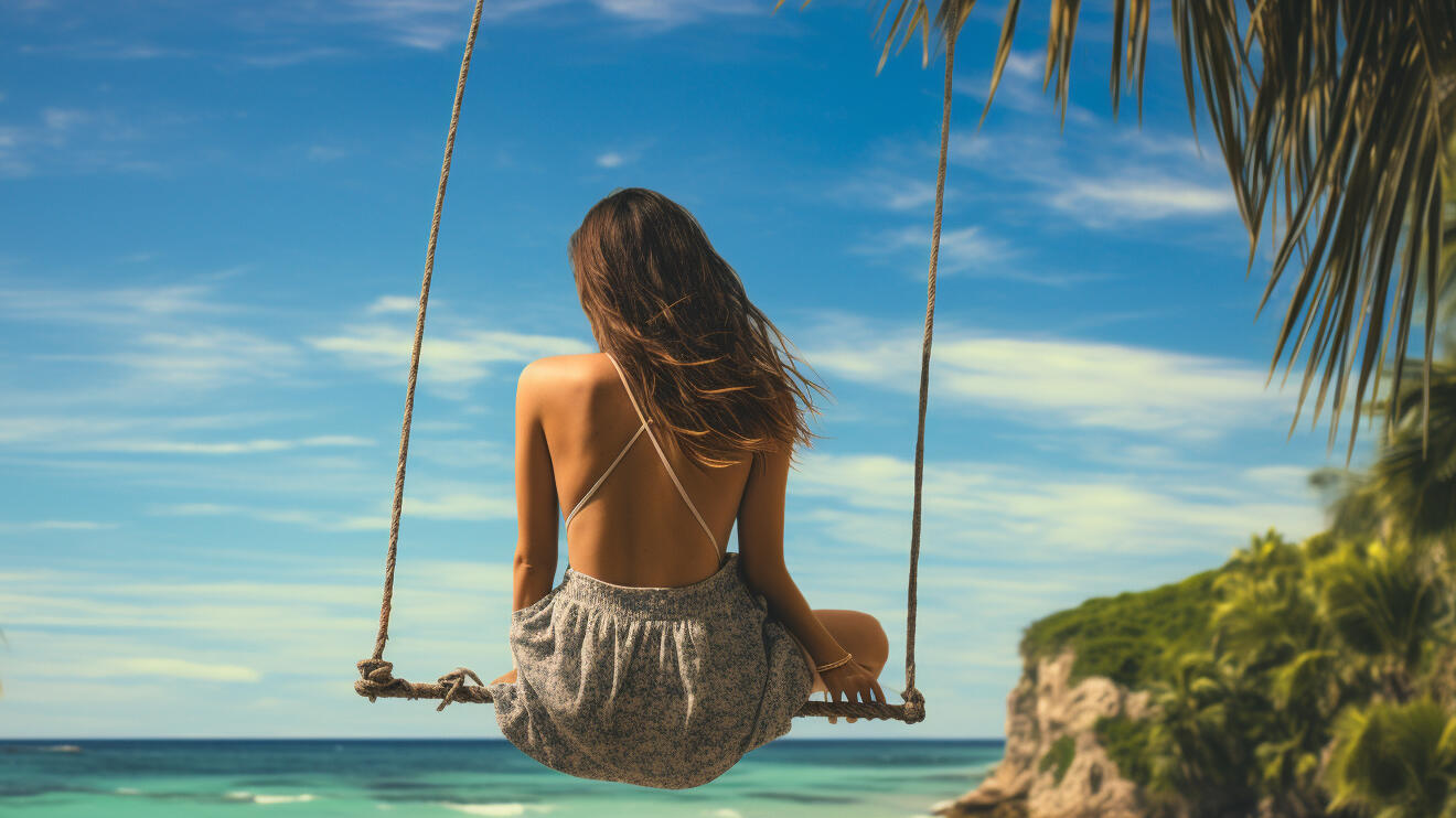 Frau auf Schaukel vor Meer.