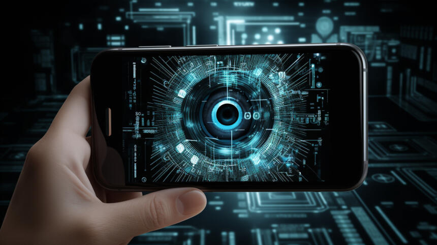 Hand hält ein Smartphone, auf dem ein digitales Auge zu sehen ist.