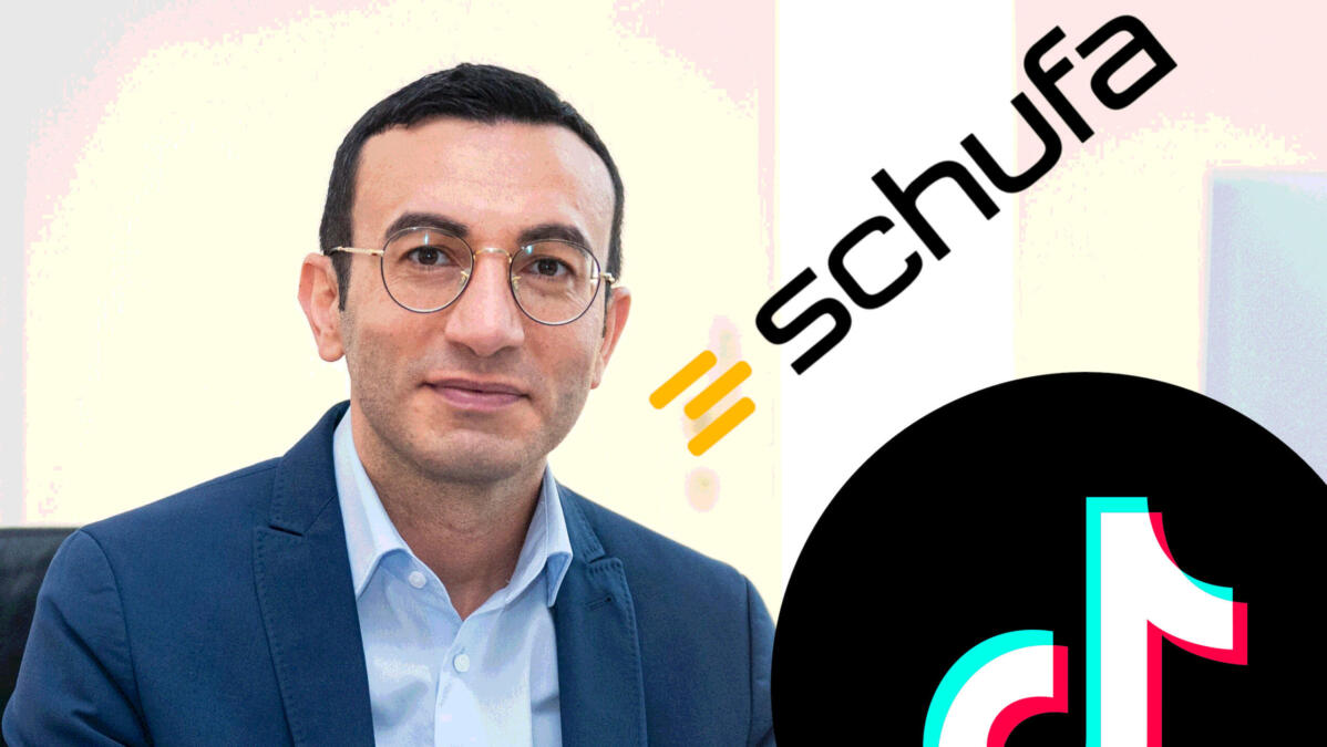 Collage: Ein Mann im blauen Anzug, daneben das Logo der Schufa und von TikTok