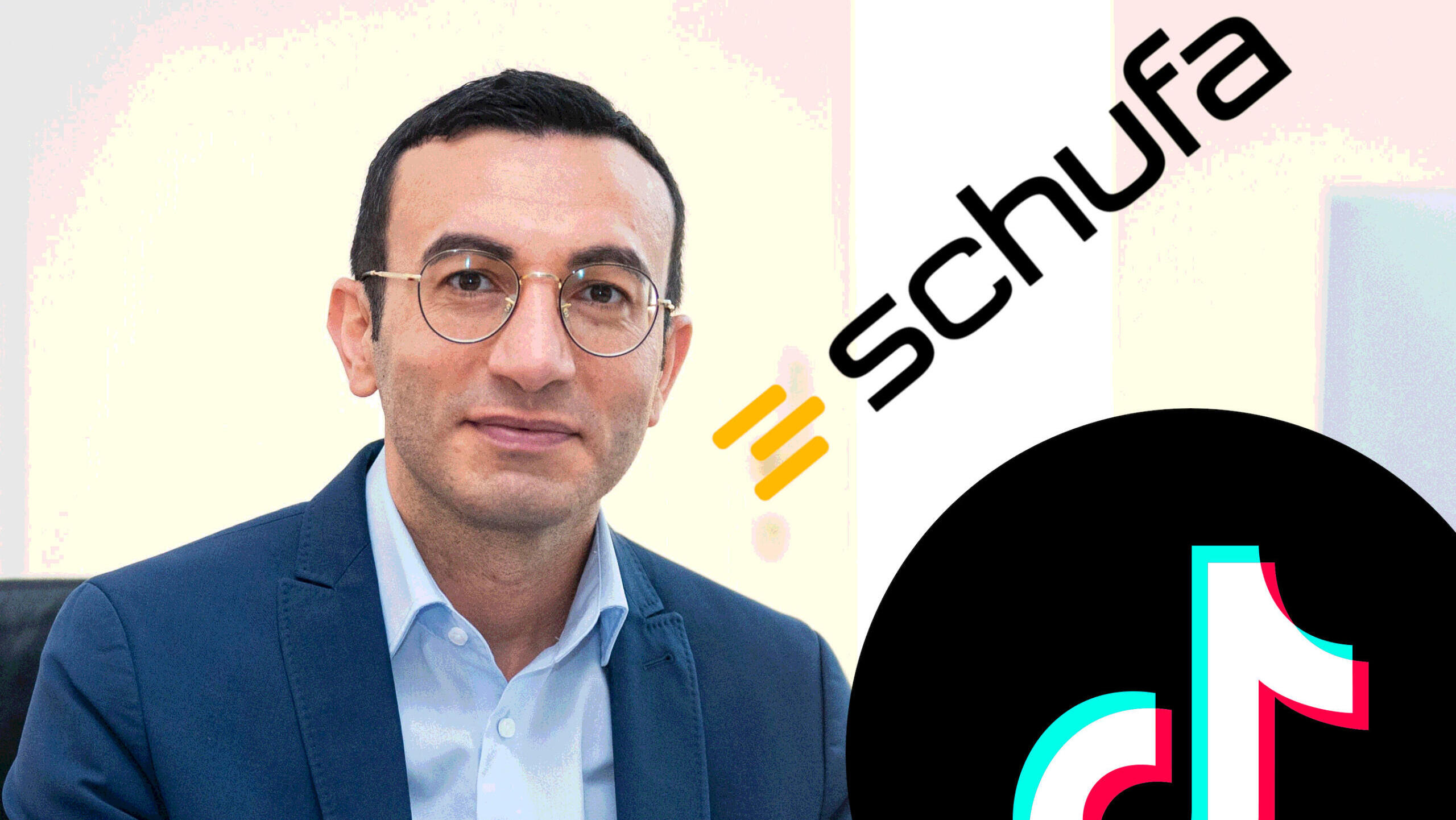 Collage: Ein Mann im blauen Anzug, daneben das Logo der Schufa und von TikTok