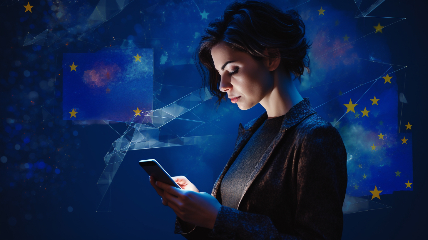 Frau schaut auf ihr Smartphone, im Hintergrund Europafahne und angedeutete Netzwerke