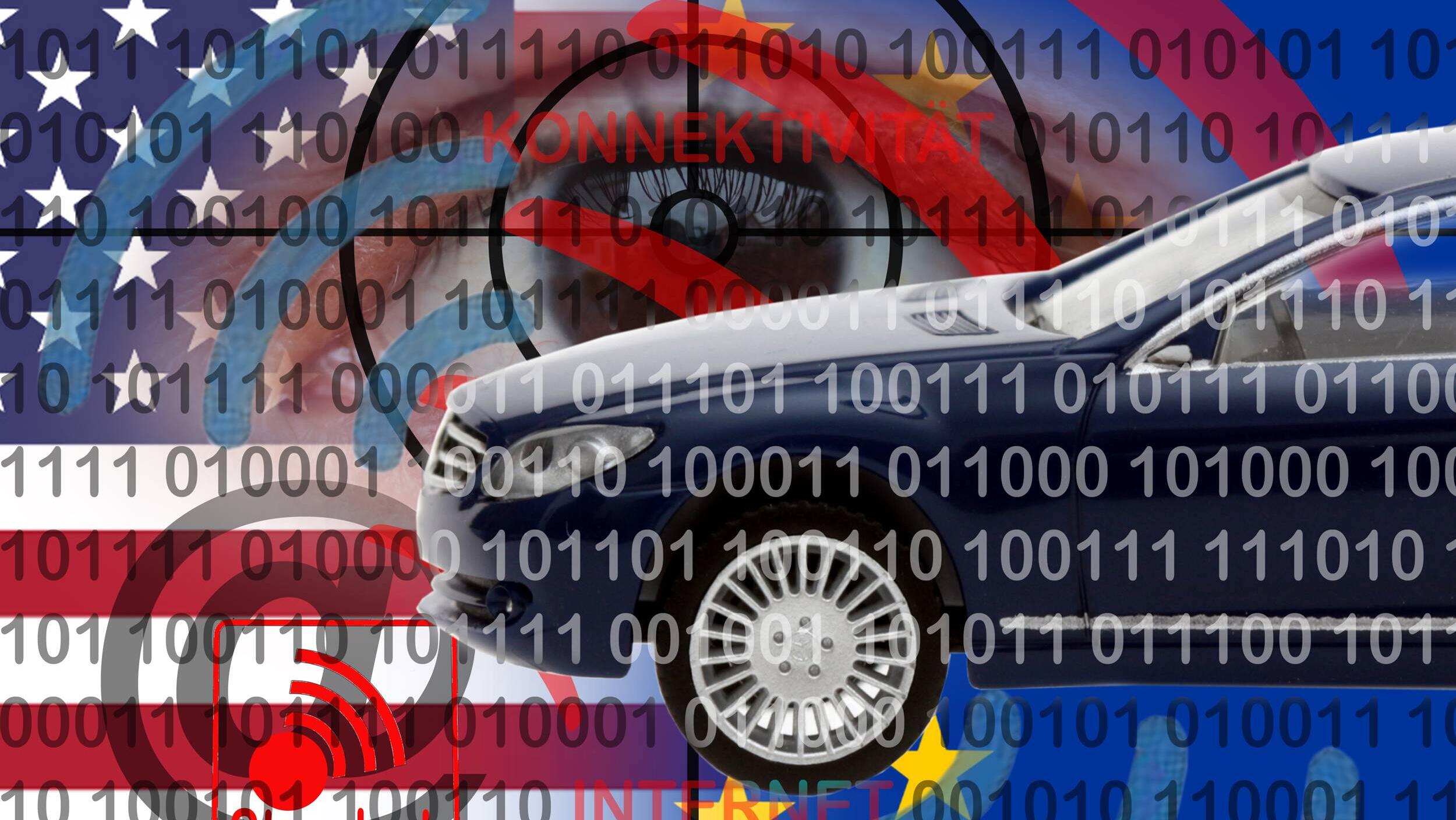 Symbolbild mit Einsen und Nullen und einem Auto im Fadenkreuz.