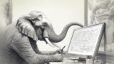 Elefant mit Menschenhänden staut auf Bildschirm