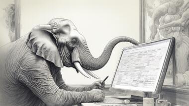 Elefant mit Menschenhänden staut auf Bildschirm