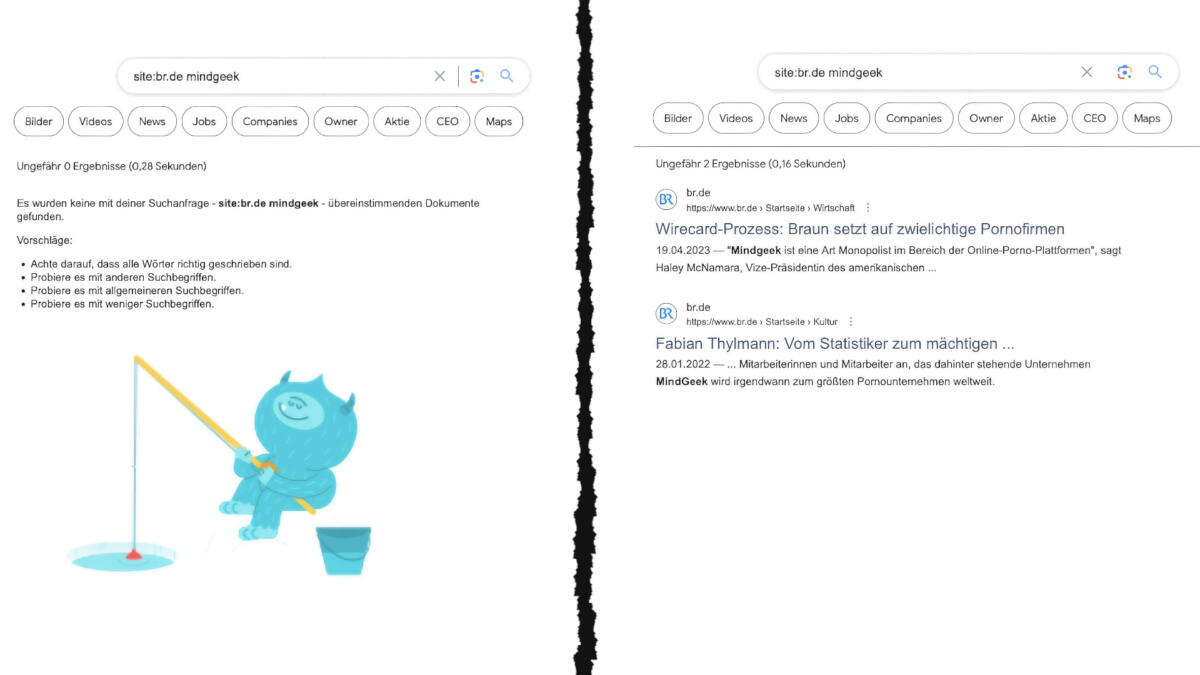 Ein Vergleich mit ein- und ausgeschaltetem SafeSearch-Filter. Links: Keine Ergebnisse für die Suche site:br.de mindgeek; rechts: zwei Suchergebnisse.