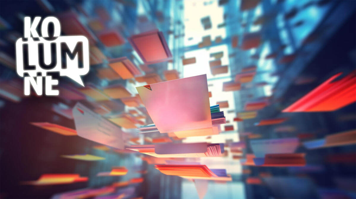 Schwebende, farbige Aktenordner in einem Büroraum