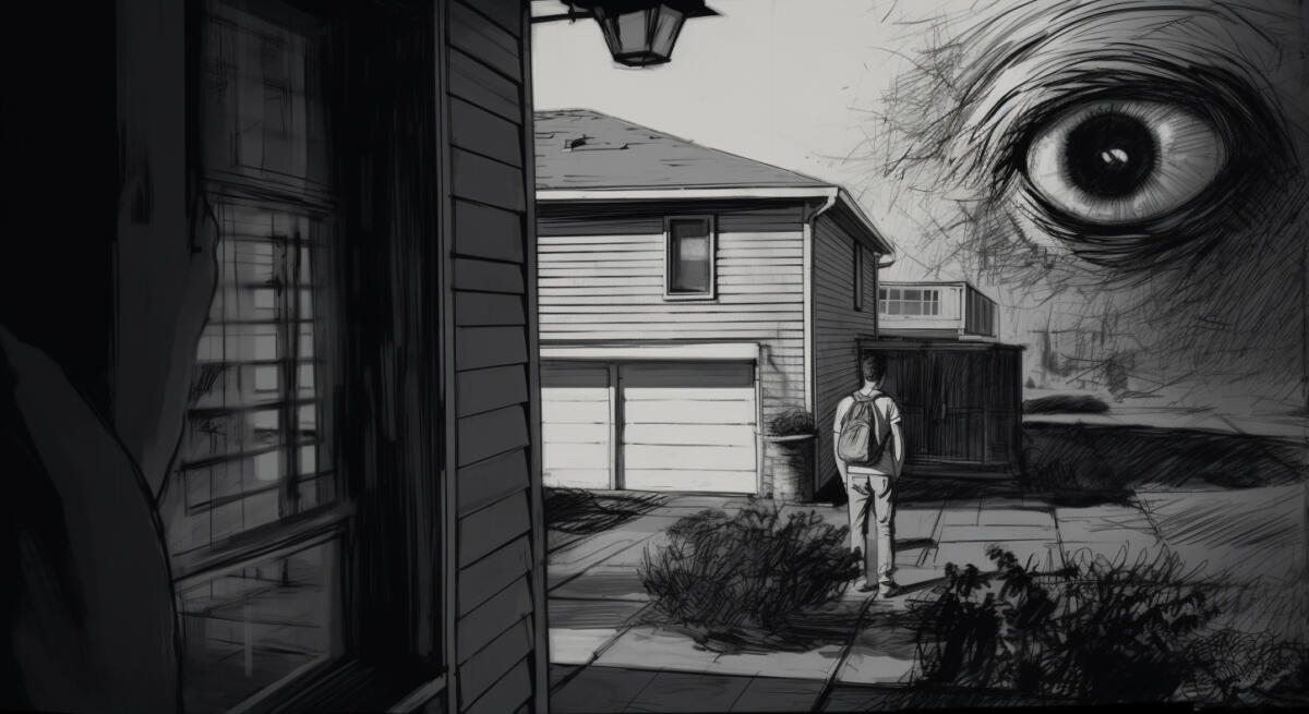 Großes Augen auf einer Illustration schaut auf einen mann mit einem Rucksack zwischen Häusern.