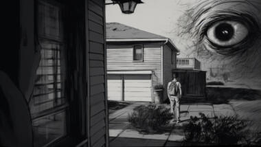 Großes Augen auf einer Illustration schaut auf einen mann mit einem Rucksack zwischen Häusern.