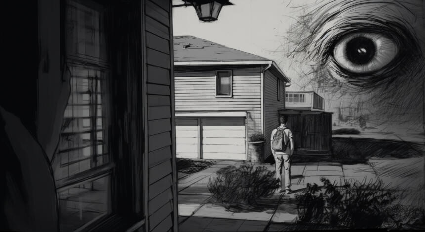 Großes Augen auf einer Illustration schaut auf einen mann mit einem Rucksack zwischen Häusern.