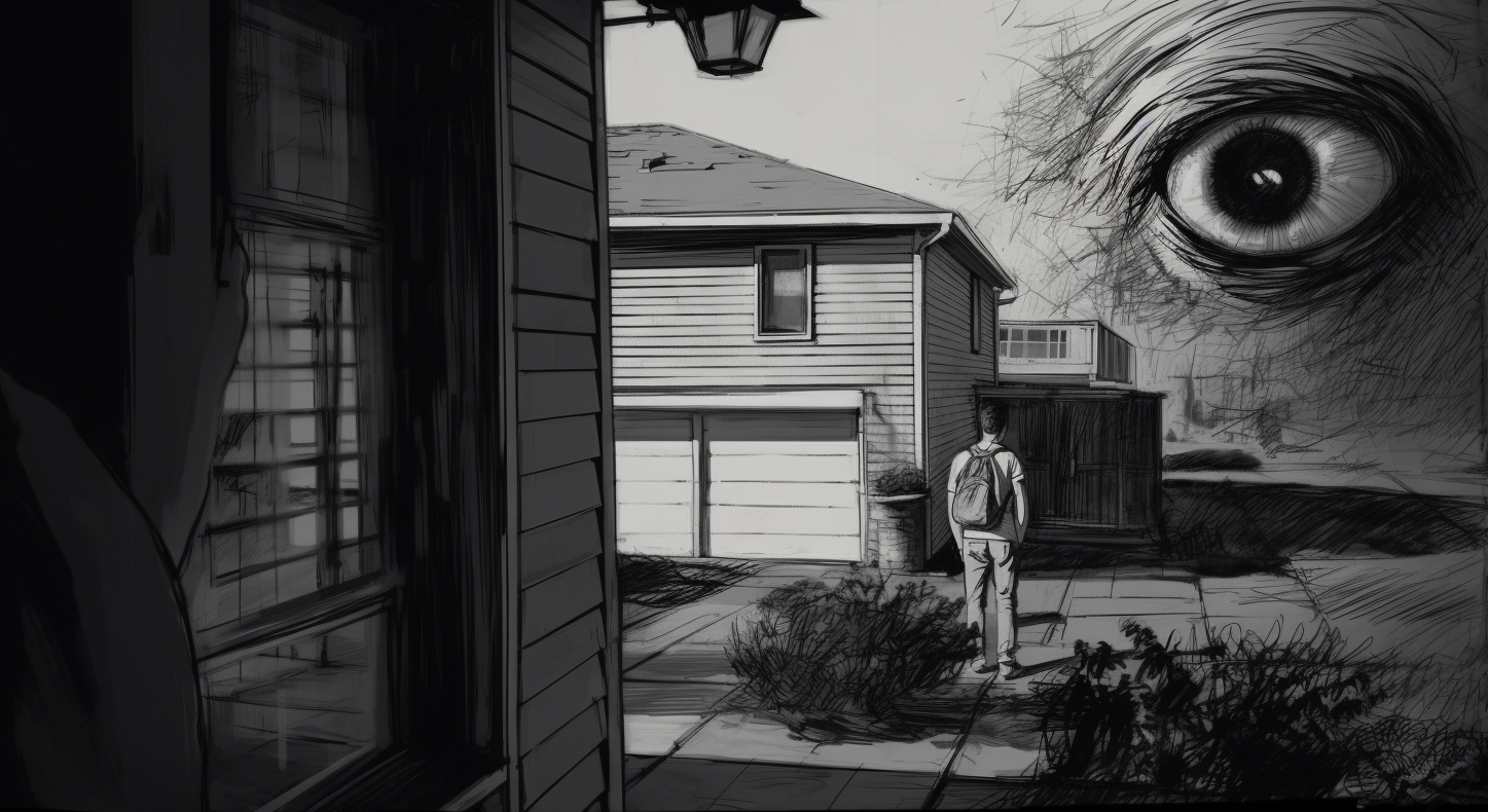 Großes Augen auf einer Illustration schaut auf einen mann mit einem Rucksack zwischen Häusern.