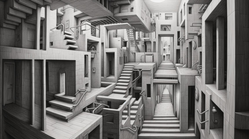 Ein surreale, gezeichnete Darstellung eines Raumes volle Treppen und Türen.