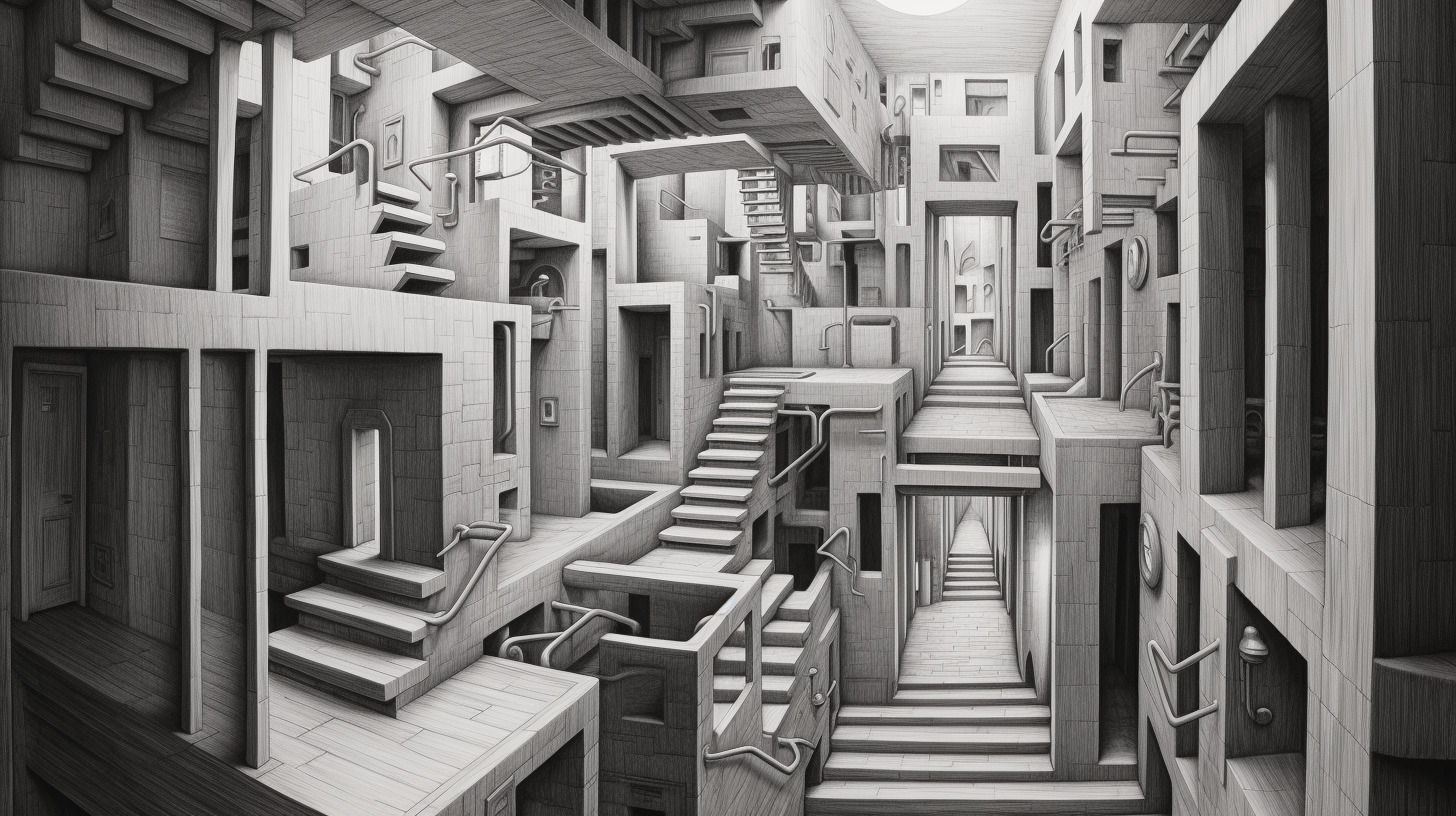 Ein surreale, gezeichnete Darstellung eines Raumes volle Treppen und Türen.