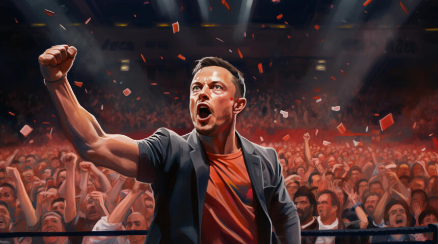Elon Musk reckt den Arm im Boxring vor einem großen Publikum.