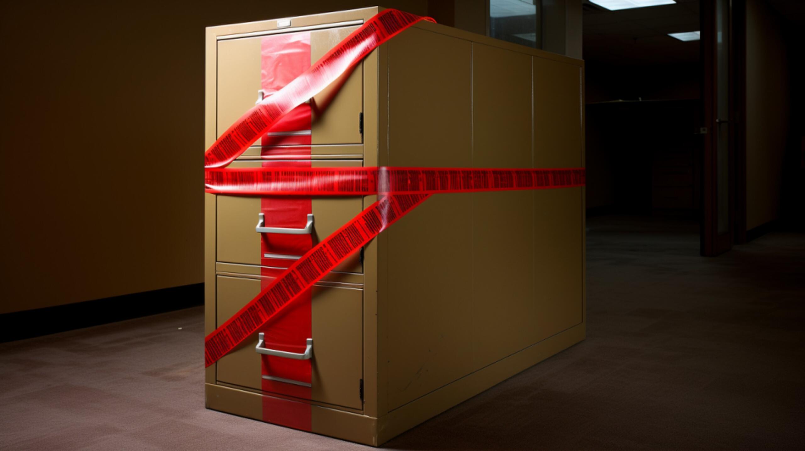 Ein ockerfarbener Aktenschrank, umwickelt mit rotem Absperrband